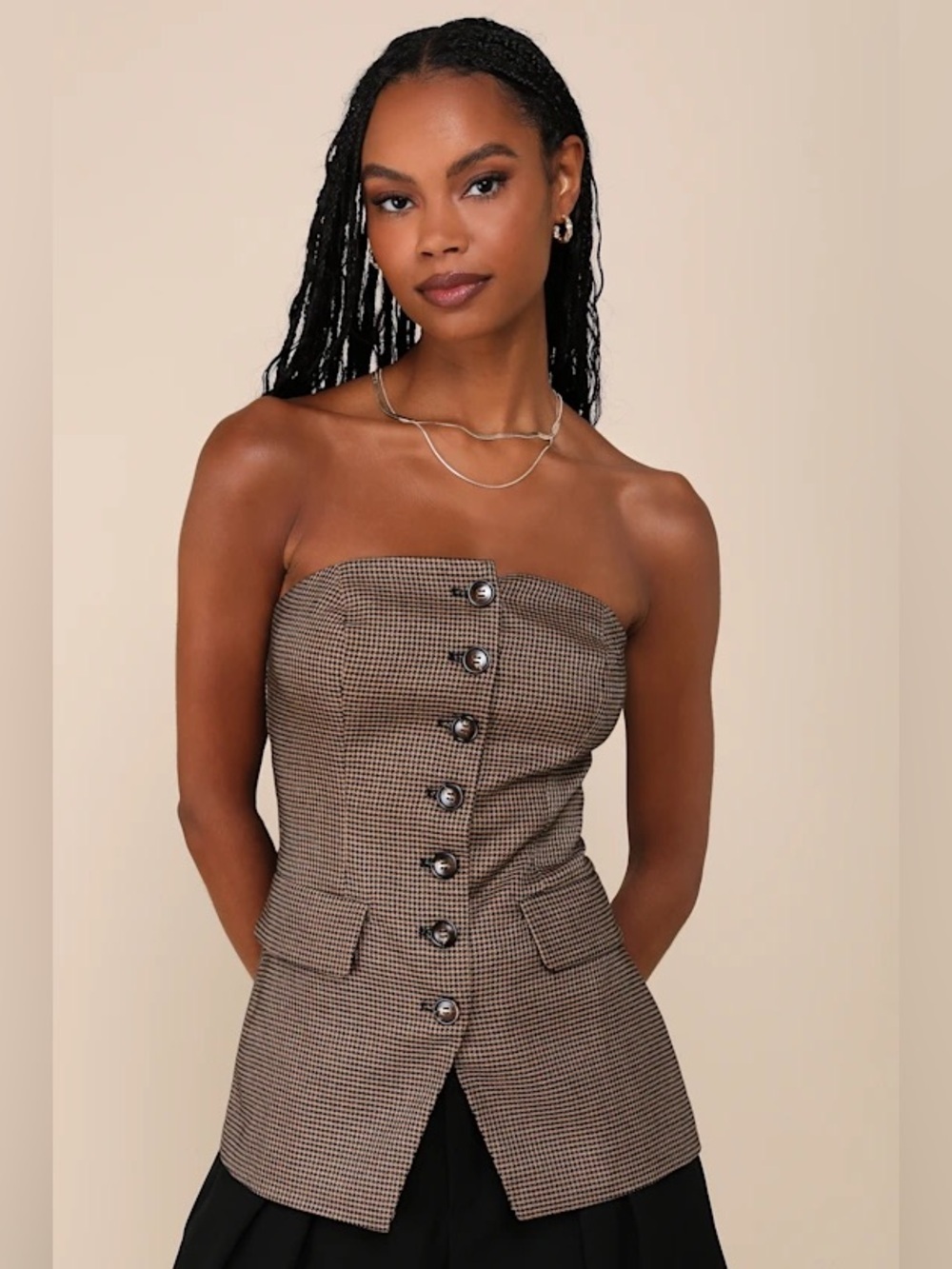 Lulus NWT Iconic Status Brown Houndstooth Plaid Strapless Vest Top
